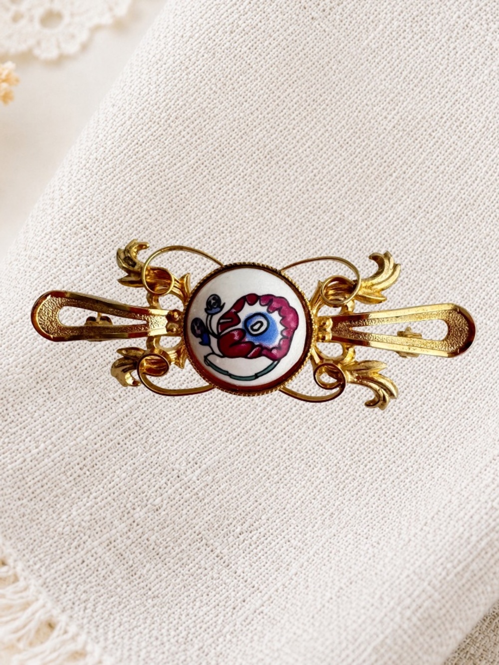 Vintage Porcelain Floral Brooch Gold Tone Filigree Bar Pin Ornate Rococo Revival